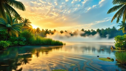 Obraz premium A serene tropical morning landscape featuring a tranquil lake surrounded by lush greenery, with a misty veil rising