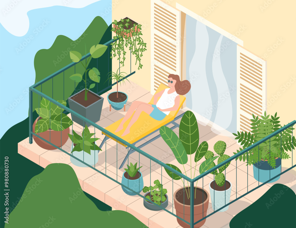 Canvas Prints Cartoon Color Character Girl on Balcony with House Plants Rest Concept Flat Design Style. Vector illustration of Woman Relaxing