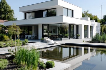Modern house with sleek design and serene pond, surrounded by greenery.