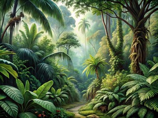 Fototapeta premium A dense jungle landscape unfolds with towering trees, enveloped by thick vines and a tapestry of tropical plants,