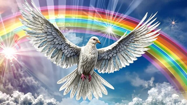 White dove flies over the water against the background of a rainbow and a blue sky with white clouds