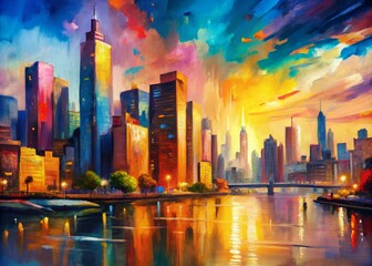 Obraz premium Vibrant city scene with expressive brushstrokes, dashes of bright color, and soft, dreamy light, capturing the essence of urban energy and modernity.