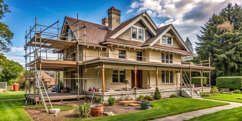 Exterior of a classic 1930s home undergoing restoration, with scaffolding, ladders, and construction materials