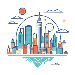 Obraz premium Cityscape with sci-fi elements in a vintage poster style, bold and flat, minimal lines vector art logo design