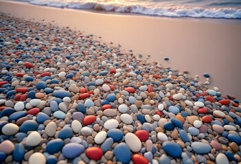 Obraz premium Smooth, multicolored pebbles line the shore, gently kissed by ocean waves under the soft glow of the setting sun.