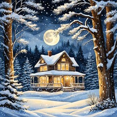 a wooden house in the snowy forest under the moonlight