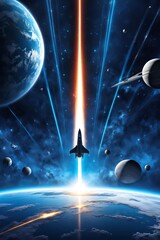 illustration of space with a space shuttle of planets