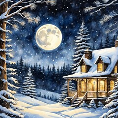 a wooden house in the snowy forest under the light of a big moon