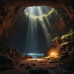 a cave with sunlight shining through a hole