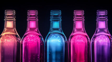 Row of neon glowing bottles in vibrant colors