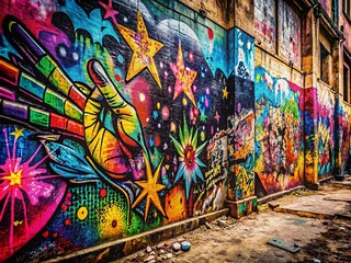 Fototapeta premium Vibrant colorful graffiti splatters and abstract patterns adorn a rough, weathered surface, showcasing urban decay and rebellious street art in high-contrast texture.