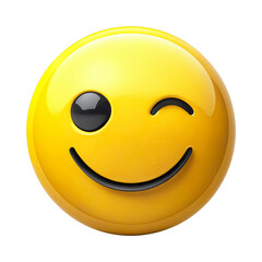 A yellow shiny smiley face with a winking eye and a wide black mouth, looking cheerful and friendly. Transparent background