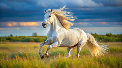 Obraz premium A stunning white horse runs freely in a lush green field, its mane flowing in the wind, as evening sunlight illuminates the dramatic clouds above