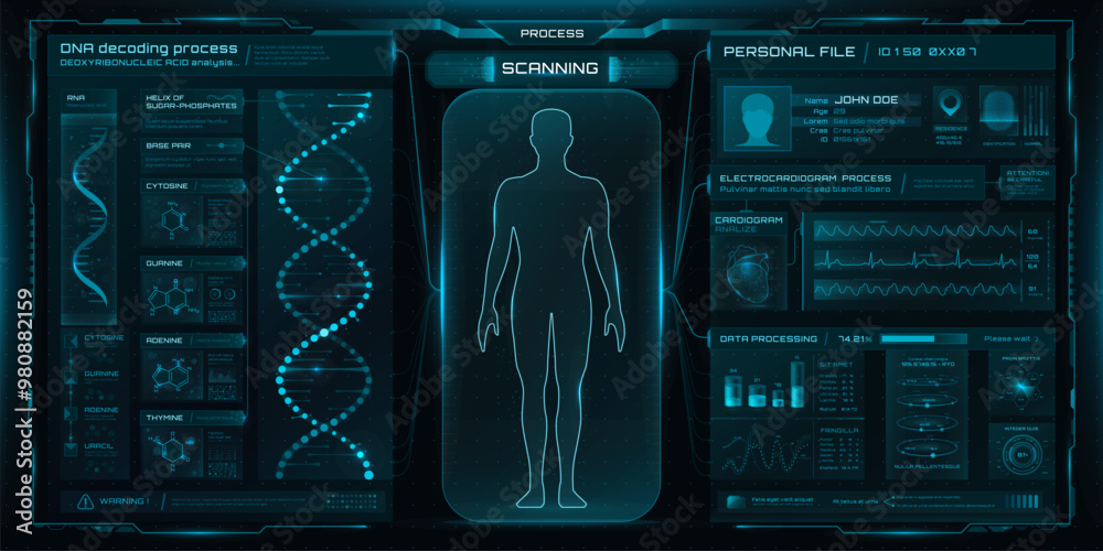 Poster hud medicine, health care and medical graphs or charts. futuristic interface with human body hologra