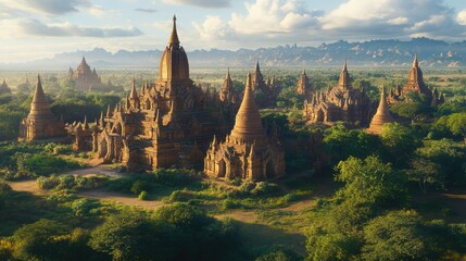 Fototapeta premium Ancient temples of Bagan with a panoramic view.