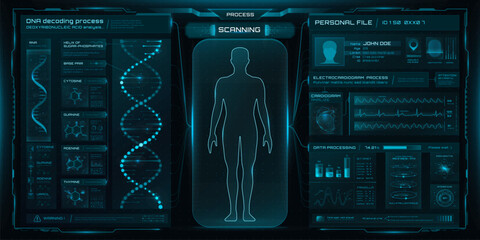 HUD medicine, health care and medical graphs or charts. Futuristic interface with human body hologram scanning process alongside DNA decoding and personal data display. Modern science and technology