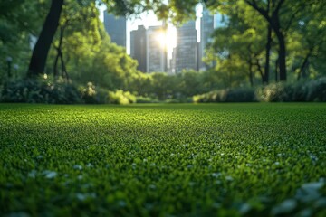 lush green urban park lawn with modern cityscape in soft focus background serene oasis of nature amidst bustling metropolitan environment