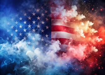 Vivid red, white, and blue colored dust explosion background with American flag-inspired smoke patterns, perfect for patriotic celebrations and national holidays.