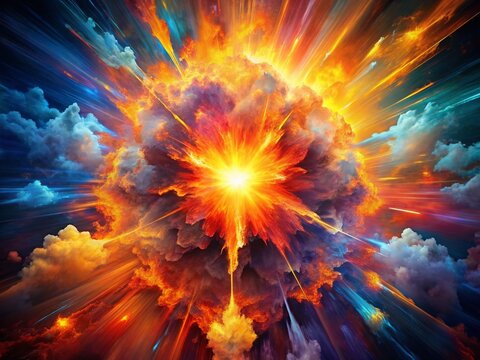 Fiery explosion of vibrant colors bursting from the center, radiating intense energy and dynamic movement, capturing