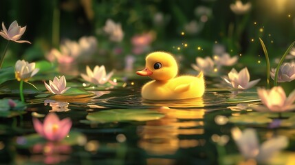 illustration of a cute baby duck swimming in a sunlit pond surrounded by blooming water lilies