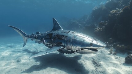 Fototapeta premium A robotic shark glides close to the ocean floor, its metallic form standing out against the natural underwater environment.