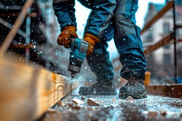 Power tools used on a construction site. Tools in action, with construction workers