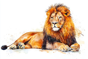Obraz premium A majestic lion rests gracefully, showcasing its vibrant mane and powerful presence in this stunning watercolor artwork. intricate details capture essence of this magnificent creature