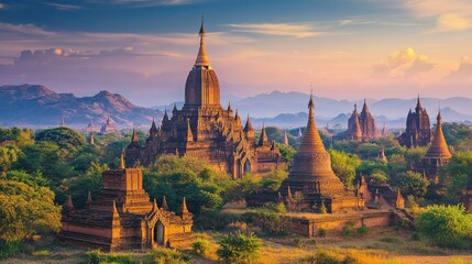 Ancient temples of Bagan with a sunset over the Irrawaddy River.