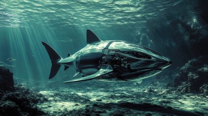 Fototapeta premium A robotic shark swims just above the ocean floor, its sleek design contrasting with the organic textures of the seabed.