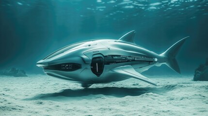 Fototapeta premium A robotic shark swims powerfully near the ocean floor, its sleek, futuristic body contrasting against the sandy seabed.