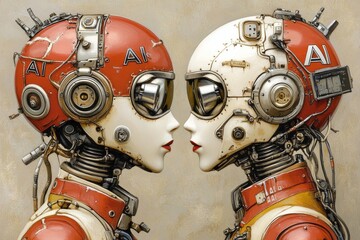 Two humanoid robots with exposed brain components facing each other symbolizing artificial intelligence cognitive interaction and the fusion of human like intelligence with advanced robotics