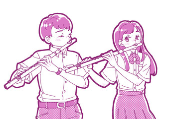 フルートを吹く男女のイラスト