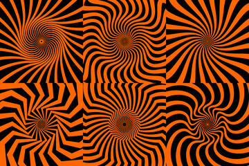 Psychedelic Halloween spiral patterns set. Retro abstract vector backgrounds of Helloween black orange wavy swirls. Halloween tie dye optical illusion patterns with geometric motif of zigzag spirals