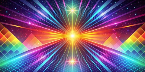 Vibrant retro abstract background featuring a mesmerizing blend of grainy texture, radiant gradient shine, and psychedelic colors in a futuristic geometric pattern.