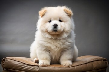 Fluffy white Chow Chow puppy with bright brown eyes and adorable facial expression sits on a soft cushion,
