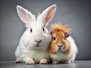 Fototapeta premium Fluffy white rabbit gently nuzzles a bright-eyed, cuddly guinea pig, showcasing an unbreakable bond of friendship and
