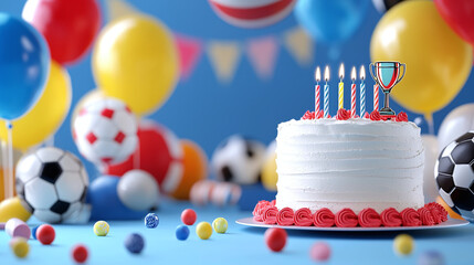 a sports-themed birthday stage with 3D rendered equipment from various sports, and a trophy-shaped cake with candles