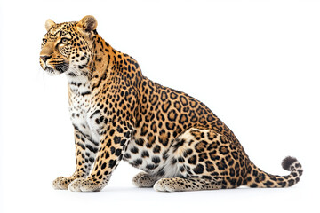 Obraz premium A majestic leopard sits gracefully against white background, showcasing its stunning coat of rosettes and powerful physique. This image captures beauty and elegance of this magnificent big cat