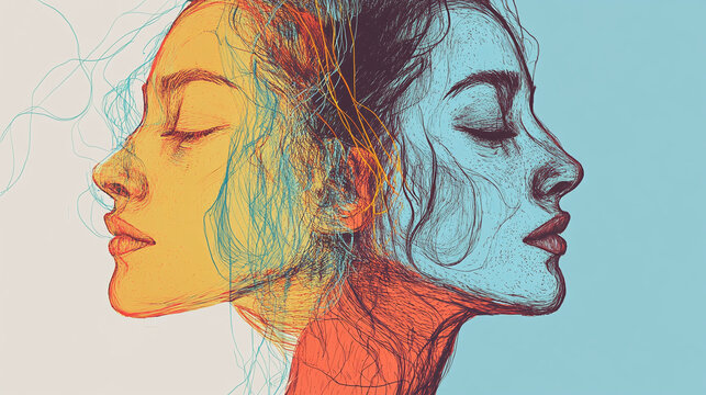 double hand drawn side view portraits borderline bipolar mood swings two personalities mental health concept, digital artistic illustration depression therapies awareness psychology state of mind