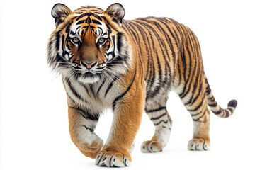 Obraz premium A majestic tiger walks confidently, showcasing its striking orange and black stripes against pure white background. This powerful animal embodies grace and strength
