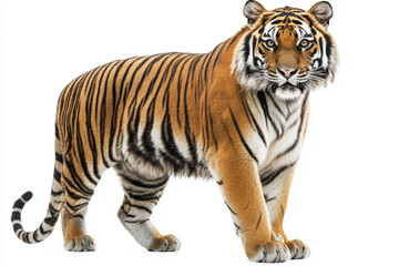 Obraz premium A majestic tiger stands confidently on white isolated background, showcasing its striking orange and black stripes. This powerful animal exudes strength and grace, captivating all who gaze upon it