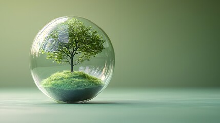 Glass sphere containing a tiny Tree, placed in the left-bottom corner of a green pastel background with plenty of space on the right, offering a calming 3D visual