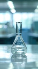 Close-up of a glass beaker containing a clear liquid with a small, floating indicator showing high lead levels, set against a blurred laboratory background. 
