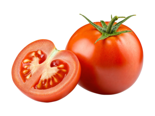 Two ripe red tomatoes one is cut in half and the other is whole with a green stem isolated on transparent background, cutout . PNG