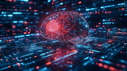 Obraz premium Hacker breaking into the digital representation of a human mind, displayed on a clean 3D screen. Minimal details, focusing on the process of hacking into the brain network