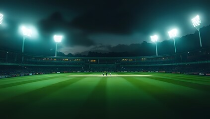 A nighttime shot of a cricket stadium with the floodlights illuminating the empty field.