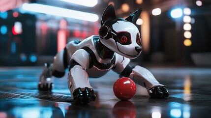 A sleek, futuristic robot dog plays joyfully with a ball, showcasing advanced technology in a playful and interactive scene.
