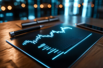 A close-up of a glowing data graph on a modern tablet, showcasing financial trends and analytics in a sleek office environment.