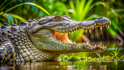 Obraz premium A massive crocodile with its mouth wide open basks in the sun by the water, surrounded by vibrant green foliage and reflecting sunlight on the water's surface