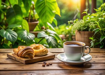 Freshly brewed coffee and a warm pastry await on a rustic wooden table, surrounded by lush greenery, evoking